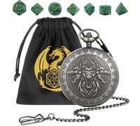 Set di Dadi Mini D&D, 7 Dadi Poliedrici in Acrilico Verde DND, con Tre Teste di Drago Cassa Orologio da Tasca, Argento Scuro