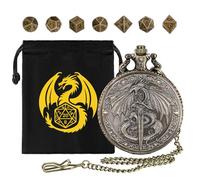 Set di dadi mini DND con drago volante che tiene una spada lunga custodia per orologio da tasca, 7 pezzi, set di dadi in metallo poliedrico, set di base per D&D, regali DND con sacchetto regalo