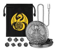 Set di Dadi Mini DND, Steampunk Polpo con Ali Custodia per Orologio da Tasca, 7 Pezzi in Metallo Poliedrico Dadi D&D, Sacchetto Regalo DND con Logo Drago, Accessori per Giochi di Ruolo, Argento Scuro
