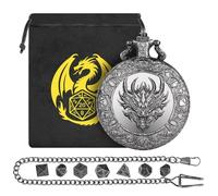 Set di Dadi Mini DND, Steampunk Testa di Drago Custodia per Orologio da Tasca, 7 Pezzi in Metallo Poliedrico Dadi D&D, Sacchetto Regalo DND con Logo Drago, Accessori per Giochi di Ruolo, Argento Scuro