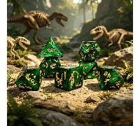 Set di dadi poliedrici a tema dinosauro, 7 pezzi in acrilico glitterato per giochi di ruolo con impronte di dinosauro e simboli di scheletro incisi, dadi RPG multicolore per giochi da tavolo, TTRPG, g