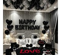 Set di decorazione per il compleanno romantico da uomo - 66 pezzi, include palloncini neri e argento, striscione "Buon compleanno", petali di rosa finti neri e rossi; progettato per la decorazione del