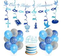 Set di Decorazione per Prima Comunione e Battesimo 21 Pezzi - Blu e Bianco, Decorazione Religiosa per Cresima, Festa di Chiesa con Striscione, Palloncini, Spirali e Topper per Eventi Religiosi