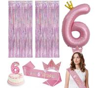 Set di decorazioni complete per il 6° compleanno in stile elegante, con fascia, candela numerica, palloncino in alluminio e tende metalliche rosa, ideali per feste e celebrazioni indimenticabili