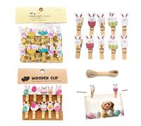 Set di Decorazioni Pasquali con 30 Mini Clips in Legno a Forma di Coniglio e Uovo + Filo da 10m, Perfette per Foto, Cartoline e Decorazioni per la Casa