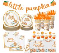 Set di decorazioni per baby shower Little Pumpkin per 25 persone. Piatti e bicchieri per baby shower Little Pumpkin. A Little Pumpkin is On The W