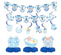 Set di decorazioni per baby shower per maschietto - Striscione "Welcome Baby", 6 decorazioni a spirale e 3 palline a nido d'ape, con disegni di vestitini, passeggino e biberon su cartoncino di