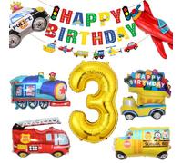 Set di decorazioni per compleanno a tema auto, palloncini in foil con numero 3 con veicoli dei pompieri, camion, auto della polizia, moto, palloncini e ghirlanda "Happy Birthday" per decorazioni per