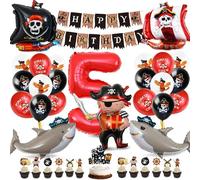 Set di decorazioni per compleanno dei pirati, 5 anni, per compleanno dei bambini, pirati, palloncini in pellicola, 5 con striscione Happy Birthday e decorazione per torte per ragazzi, ragazze