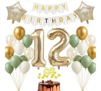 Set di decorazioni per compleanno, per 12 anni, oro champagne bianco, verde salvia, striscione Happy Birthday per bambini, ragazzi, ragazze, decorazione per il 12° compleanno, sfondo fotografico
