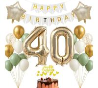 Set di decorazioni per compleanno per 40 anni, oro champagne bianco, verde salvia, striscione Happy Birthday per adulti, donne, uomini, decorazione per il 40° compleanno, rotondo, 40 pezzi