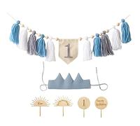 Set di decorazioni per compleanno per bambini, 1° compleanno, per ragazze, 1° compleanno, decorazione per il compleanno dei bambini, con cappello a corona, topper e striscione (blu)