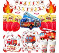Set di decorazioni per festa di compleanno con tema auto dei vigili del fuoco, 80 pezzi Set di stoviglie per festa con grande palloncino gonfiabile auto dei vigili del fuoco, accessori per feste