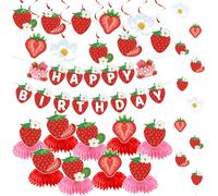 Set di decorazioni per feste di compleanno a forma di fragola, striscione di buon compleanno, centrotavola a nido d'ape, vortici da appendere per feste a tema fragola, baby shower, temi per feste di