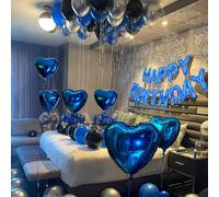Set di decorazioni per feste di compleanno blu da 62 pezzi, inclusi striscione "Buon compleanno" da 16" + 6 palloncini a forma di cuore in foil da 18" | Palloncini in lattice blu, neri e argento + nas