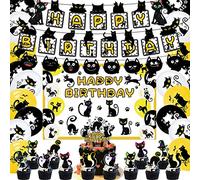Set di decorazioni per feste di compleanno per gatti neri con motivo gatto contiene 5 sfondi per gatti neri da 3 piedi, striscioni per gatti Happy Birthday, decorazione per torte, cupcake, palloncini