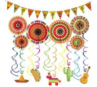 Set di decorazioni per feste messicane, 6 ventagli di carta da appendere, 1 striscione triangolare con motivo Cinco De Mayo Fiesta, da appendere, per feste di carnevale messicano, festival, taco,