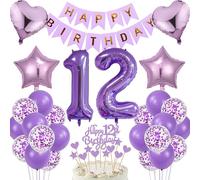 Set di Decorazioni per il 12° Compleanno 12. Compleanno Decorazione per Torta Regalo Viola Palloncini Set Happy Birthday Banner Numero 12 Palloncini in Folie Cupcake Topper Festa di Giubileo Adatto