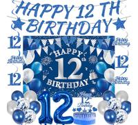 Set di decorazioni per il 12° compleanno per ragazzi, 31 pezzi blu argento forniture per feste con scritta "Happy 12th Birthday Banner Cake Topper numero 12 Palloncini in lattice e sfondo per 12 anni