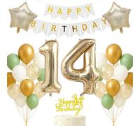 Set di decorazioni per il 14° compleanno oro chiaro bianco salvia verde tema buon compleanno banner palloncino decorazione sfondo fotografico per ragazzi ragazze bambini che girano 14 anni Forniture