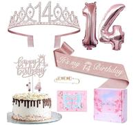 Set di decorazioni per il 14° compleanno per ragazze - corona, fascia, decorazione per torte, candele, palloncini in pellicola oro rosa 14 - regalo per ragazze