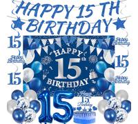 Set di decorazioni per il 15° compleanno per ragazzi, 31 pezzi blu argento forniture per feste con striscione Happy 15th Birthday Topper per torta numero 15 palloncini in lattice e sfondo per