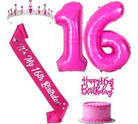 Set di decorazioni per il 16° compleanno, per il 16° compleanno, set di copricapi con glitter, decorazione per torta rosa e argento, corona numero 16 palloncini in lamina per vestire kit per ragazze