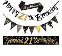 Set di decorazioni per il 21° compleanno, kit da 14 pezzi con striscione, bandierine e fascia - nero oro/blu oro per lui e lei