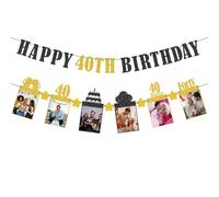 Set di decorazioni per il 40 compleanno con striscione e supporto per foto - Cartoncino di alta qualità nero e oro glitterato con scritta "Happy 40th Birthday" per feste di uomini e donne