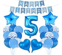 Set di decorazioni per il 5° compleanno a tema blu, striscione di buon compleanno, bandierine a palloncino decorazione sfondo fotografico per ragazzi ragazze bambini forniture per feste celebrazioni