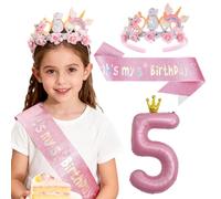 Set di decorazioni per il 5° compleanno per ragazza, tiara unicorno corona di fiori,Palloncini Corona Rosa 5,Cintura Compleanno,35 Palloncini Rose Gold Bianco,Ragazza regalo festa di compleanno