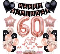Set di decorazioni per il 60° compleanno da donna, in oro rosa e nero, set per torta, 60° compleanno da donna e uomo, con banner, decorazione regalo, palloncini per il 60° compleanno, palloncini con