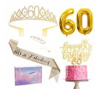 Set di decorazioni per il 60° compleanno d'oro per le donne - Tiara, nastro, cintura, corona, topping torta di compleanno, numero 60 palloncini in lamina, candele - pacchetti per feste regali per lei