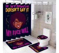 Set di decorazioni per il bagno Funny Attitude - Set di 4 tende da a e tappeti afrocentrici con citazione "Se la mia bocca non lo dice" - Accessori per il bagno Bold Black Girl (4 tende e tappeti
