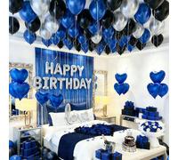 Set di decorazioni per il compleanno blu, 564 pezzi | 500 petali in tessuto non tessuto + tenda a nappine di lamina + striscione "Buon compleanno" + palloncini a forma di cuore e amore in lamina | pal