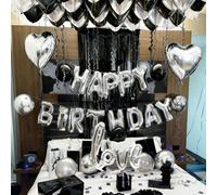 Set di decorazioni per il compleanno da 551 pezzi in argento e nero | 500 petali in tessuto non tessuto, striscione "Buon compleanno" + palloncini a forma di cuore e amore in lamina | palloncini in la