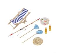 Set di decorazioni per la casa delle bambole, 8 pezzi, include canna da pesca in legno, sedia da pesca, due cappello di paglia blu e due bottiglie di birra