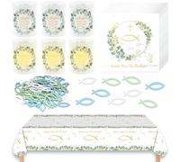Set di decorazioni per la prima comunione, 87 pezzi, decorazione da tavolo per cresima, 1 tovaglia+20 tovaglioli eucalipto + 60 pesci in legno + 6 lanterne antivento, decorazione battesimo per cresima
