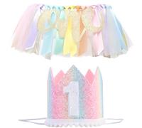 Set di decorazioni per seggiolone per il 1° compleanno, striscione arcobaleno con tutù per seggiolone, cartello dorato e corona scintillante, forniture per feste di primo compleanno da principessa