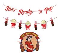 Set di decorazioni per torta e striscione per baby shower con scritta "She's Ready to Pop", decorazioni per lettere in cartoncino rosso glitterato, illustrazioni di bottiglie di popcorn e soda
