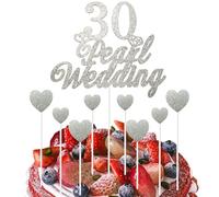 Set di decorazioni per torta per 30° anniversario di matrimonio, argento glitterato, decorazioni per torte a forma di cuore, per 30° anniversario di matrimonio, forniture per feste