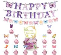 Set di decorazioni per torte con farfalla, colore viola e rosa, con striscione "Happy Birthday", ghirlanda di fiori, decorazione per torte e cupcake, motivo: farfalle magiche