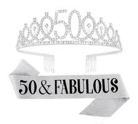 Set di diadema e sciarpa 50 anni donna "50 & Fabulous" corona argentata strass accessori compleanno 50 anni decorazione regalo, grand, Strass, Diamante creato