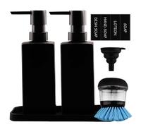 Set di dispensatore di sapone nero opaco, 350ml × 2 vetro dispensatore di detergenti Küche set bagno, Set di dispensatore di sapone con piastra di lavoro in silicone e etichette impermeabili