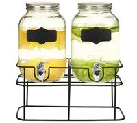 Set di dispenser di bevande, 2 x 4 l, in vetro con supporto e rubinetto, contenitore in vetro trasparente con coperchio e beccuccio, per feste, buffet, barbecue, campeggio, bar e cucina
