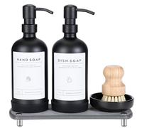 Set di dispenser di sapone da cucina, bottiglia in vetro nero da 473,6 ml, pompa in acciaio inossidabile, vassoio ad asciugatura istantanea, etichette impermeabili, cuscinetto in silicone antiscivolo
