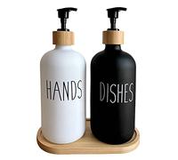 Set di dispenser di sapone in vetro, 480 ml, dispenser per detersivo da cucina con pompa di bambù, vassoio, contiene bottiglie di sapone bianche per mani e bottiglie di sapone nere per cucina e bagno