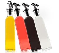 Set di dispenser per aceto e olio - (Madeira) 4 bottiglie di vetro da 250 ml con imbuto di metallo ed etichette per l'etichettatura | a prova di perdite e senza gocciolamento | con tappo antisporco
