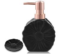 Set di dispenser per sapone, include vaschetta per la mano e portasapone, base antiscivolo, dispenser per sapone in ceramica a forma di fiore, adatto per la decorazione di cucina e bagno (Fiori neri)