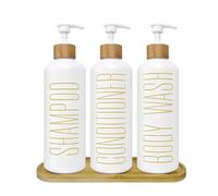 Set di dispenser per shampoo e balsamo in vetro bianco con pompe in bambù e vassoio, 3 flaconi ricaricabili per doccia, pre-etichettati per gel doccia, shampoo, balsamo, 500 ml ciascuno